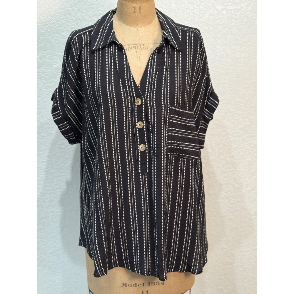 Perch by Blu Pepper Womens 1X Black White Striped‎ Henley Blouse NWT